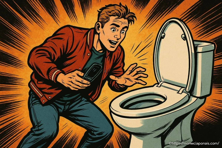Homme surpris devant une cuvette de toilettes