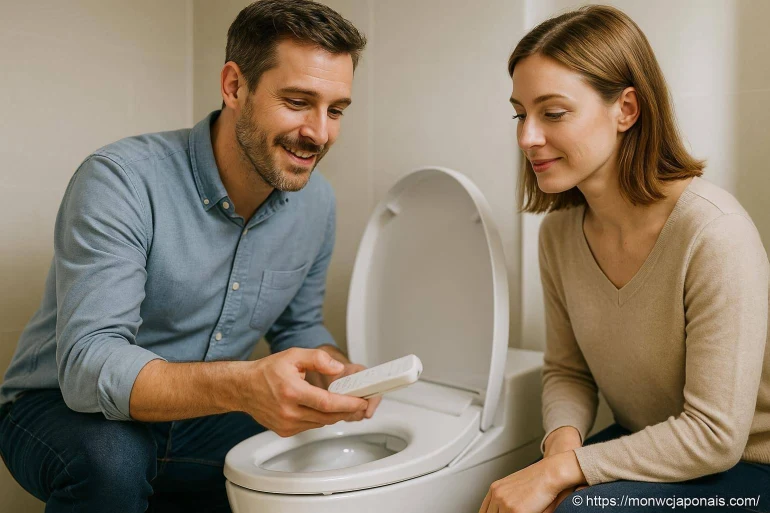 Couple testant un siège de toilette moderne