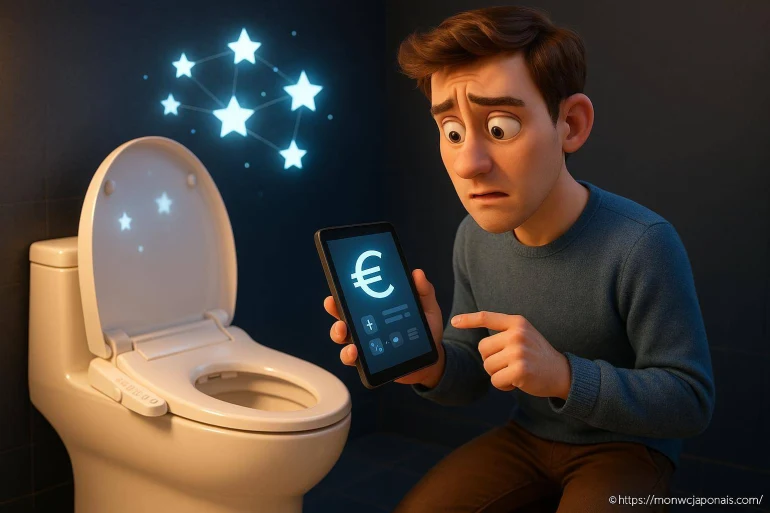 Homme inquiet avec tablette devant toilette