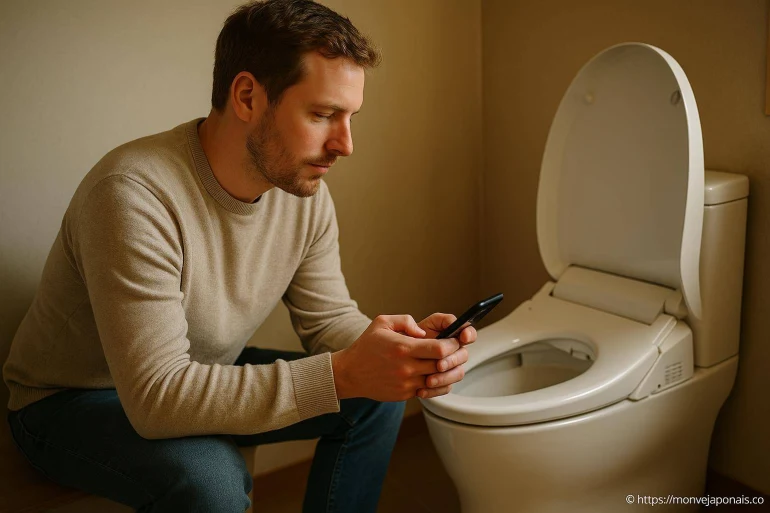 Homme utilisant smartphone assis aux toilettes