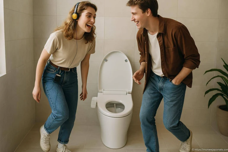 Jeune couple riant devant toilette moderne
