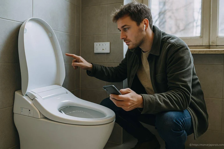 Homme inspectant une toilette intelligente