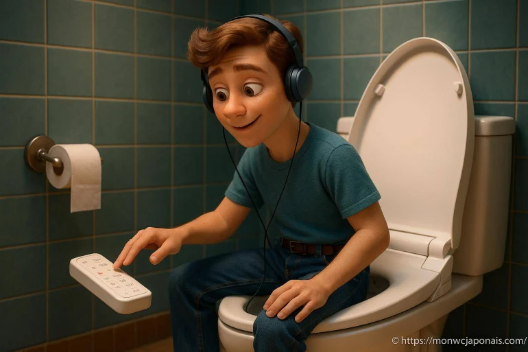 Jeune garçon avec casque sur toilettes