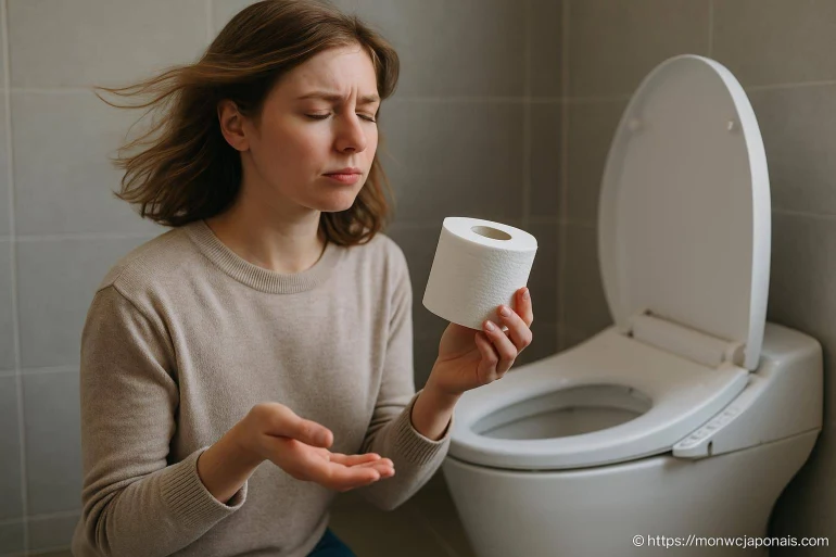 Femme mal à l'aise avec papier toilette