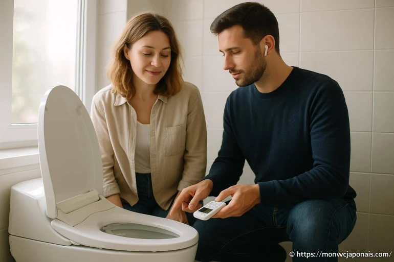 Couple installant un siège de toilette intelligent