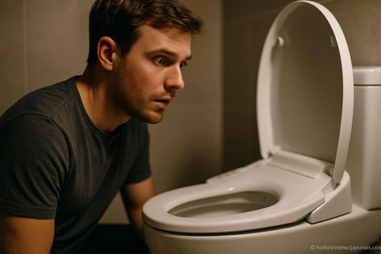 Homme surpris regardant dans les toilettes