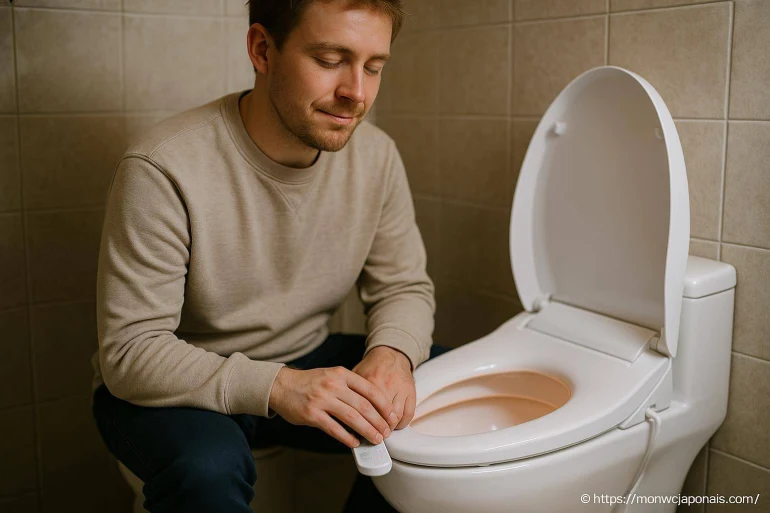 Homme utilisant un WC japonais moderne