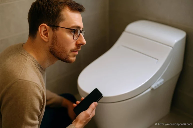 Homme regardant toilette moderne avec smartphone