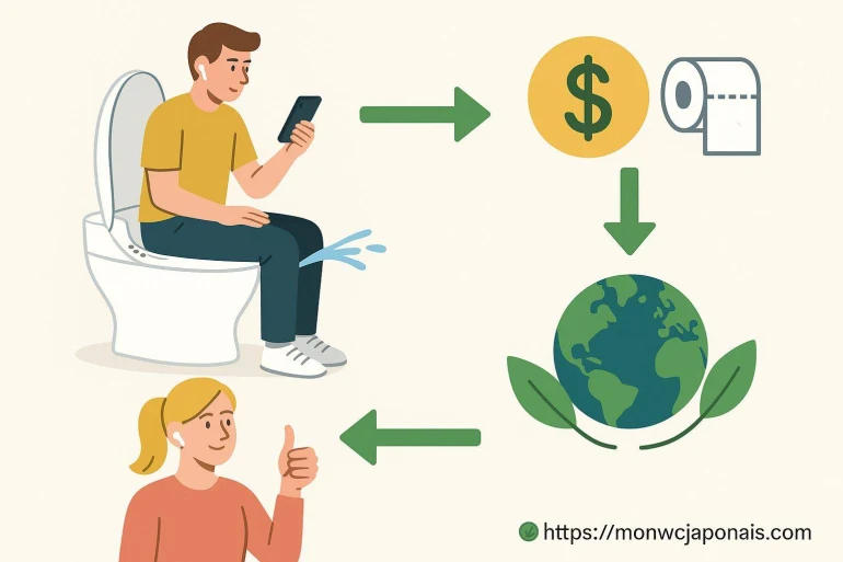 Homme utilisant un bidet connecté écologique