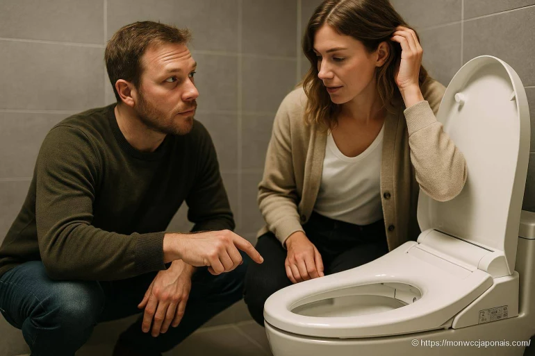 Couple examinant un WC japonais moderne