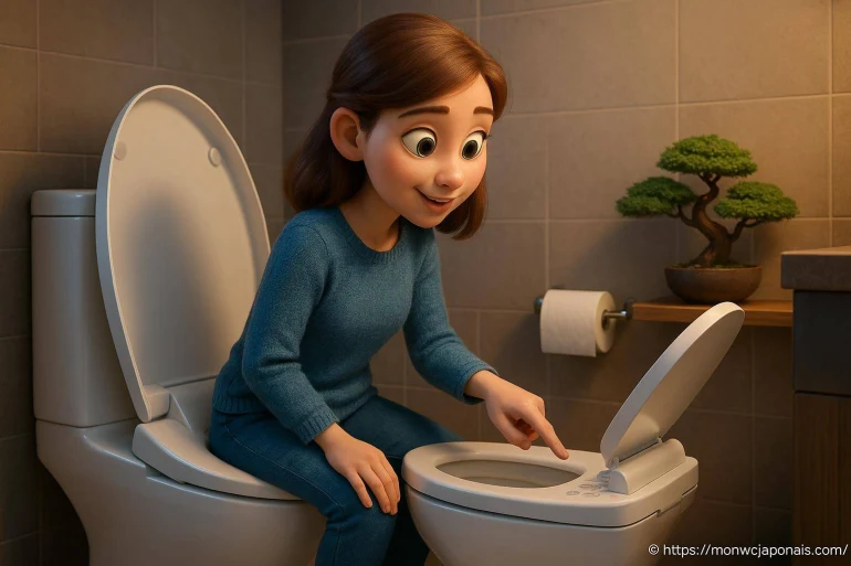Fille animée utilisant un toilette moderne