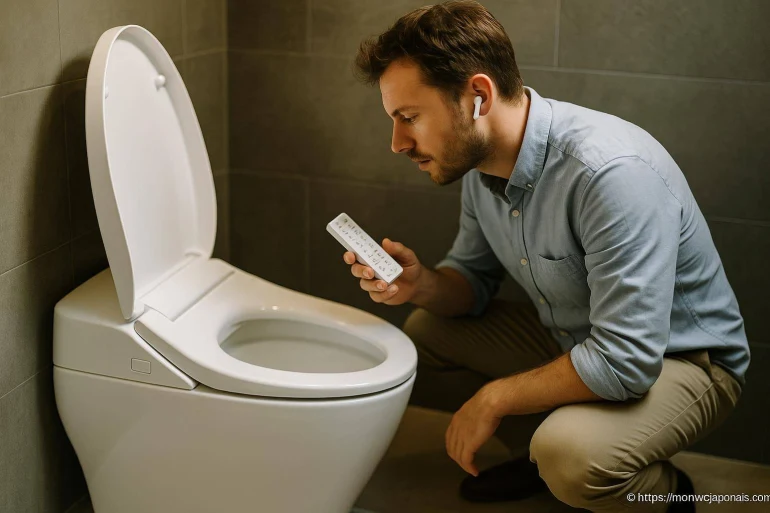 Homme utilisant télécommande toilette japonaise