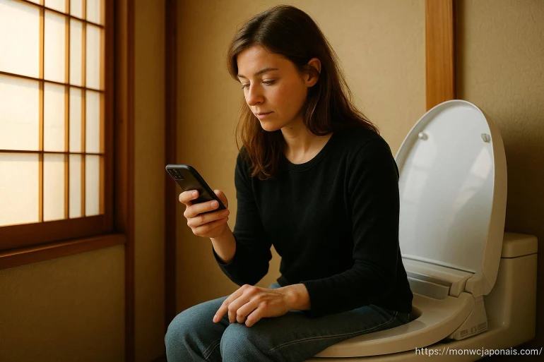 Femme utilisant smartphone assise sur toilettes