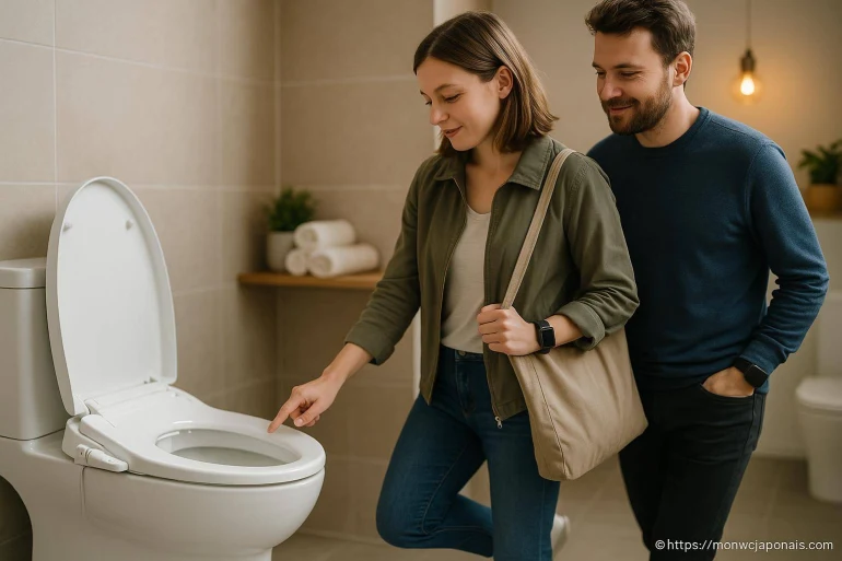 Couple inspectant un toilette moderne