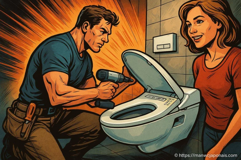 Homme réparant toilette moderne avec perceuse