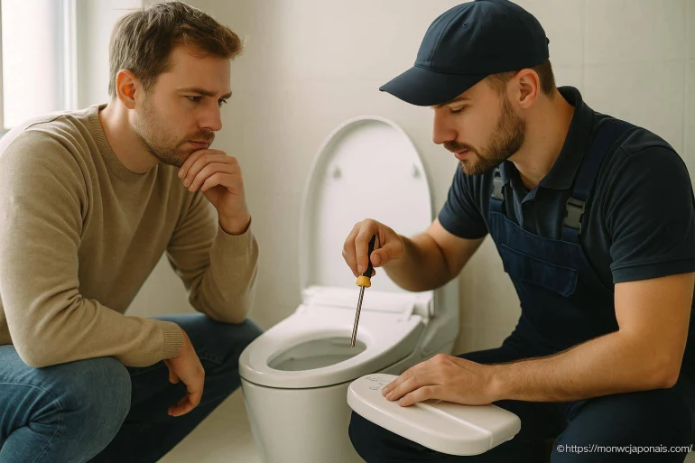 Plombier réparant un WC moderne