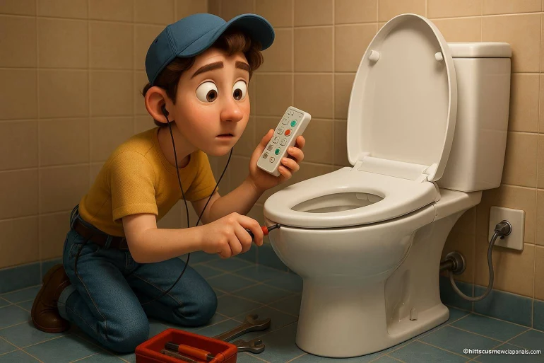 Garçon réparant toilette avec télécommande