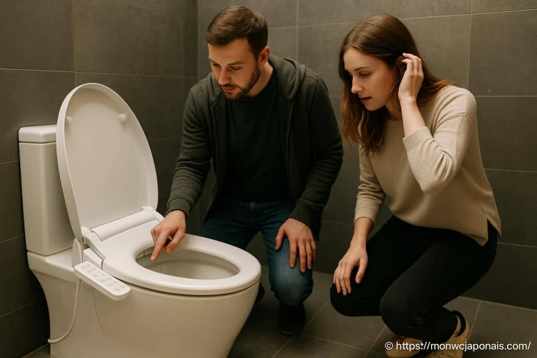 Couple découvrant toilettes japonaises modernes