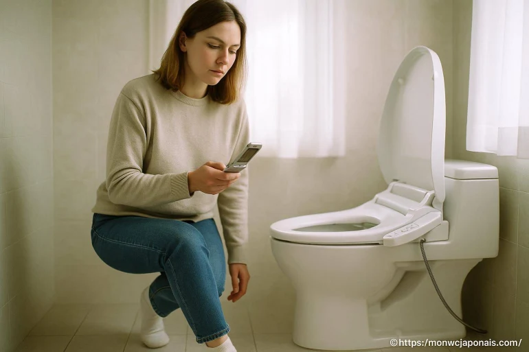 Femme utilisant télécommande toilette japonaise