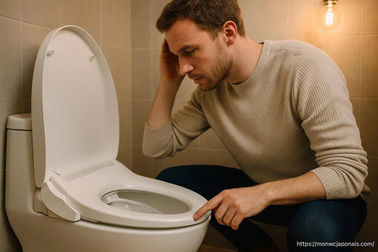 Homme inspectant une toilette bouchée