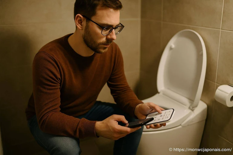 Homme utilisant télécommande toilettes japonaises