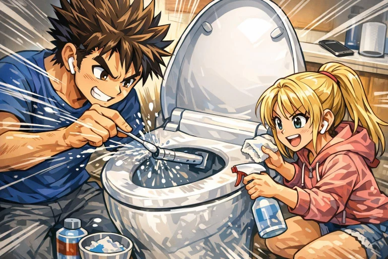 Jeune couple nettoyant des toilettes anime