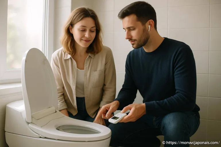 Couple installant un siège de toilette intelligent