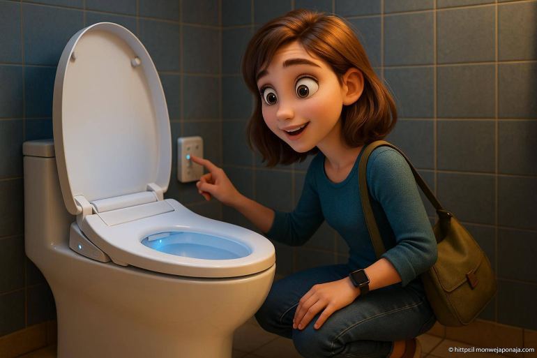 Femme utilisant toilette intelligente moderne