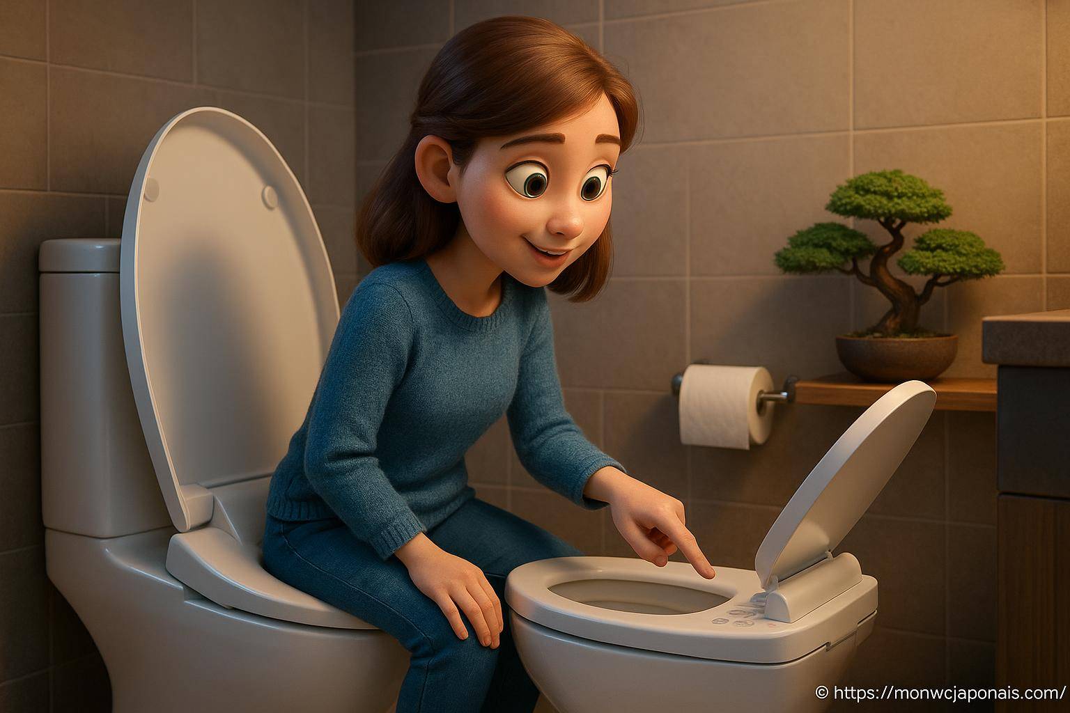 fille animée utilisant un toilette moderne