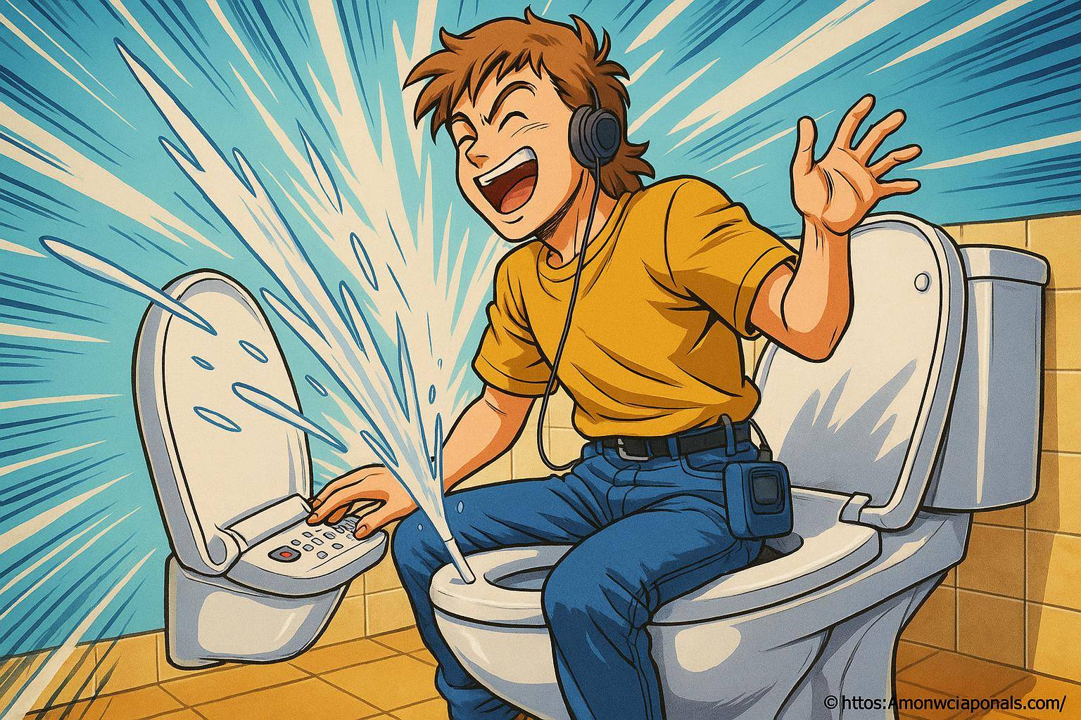 Jeune homme surpris par toilette automatique