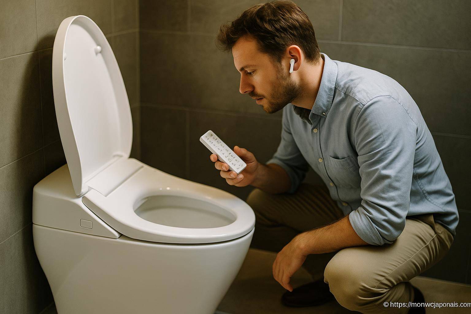 Homme utilisant télécommande toilette japonaise
