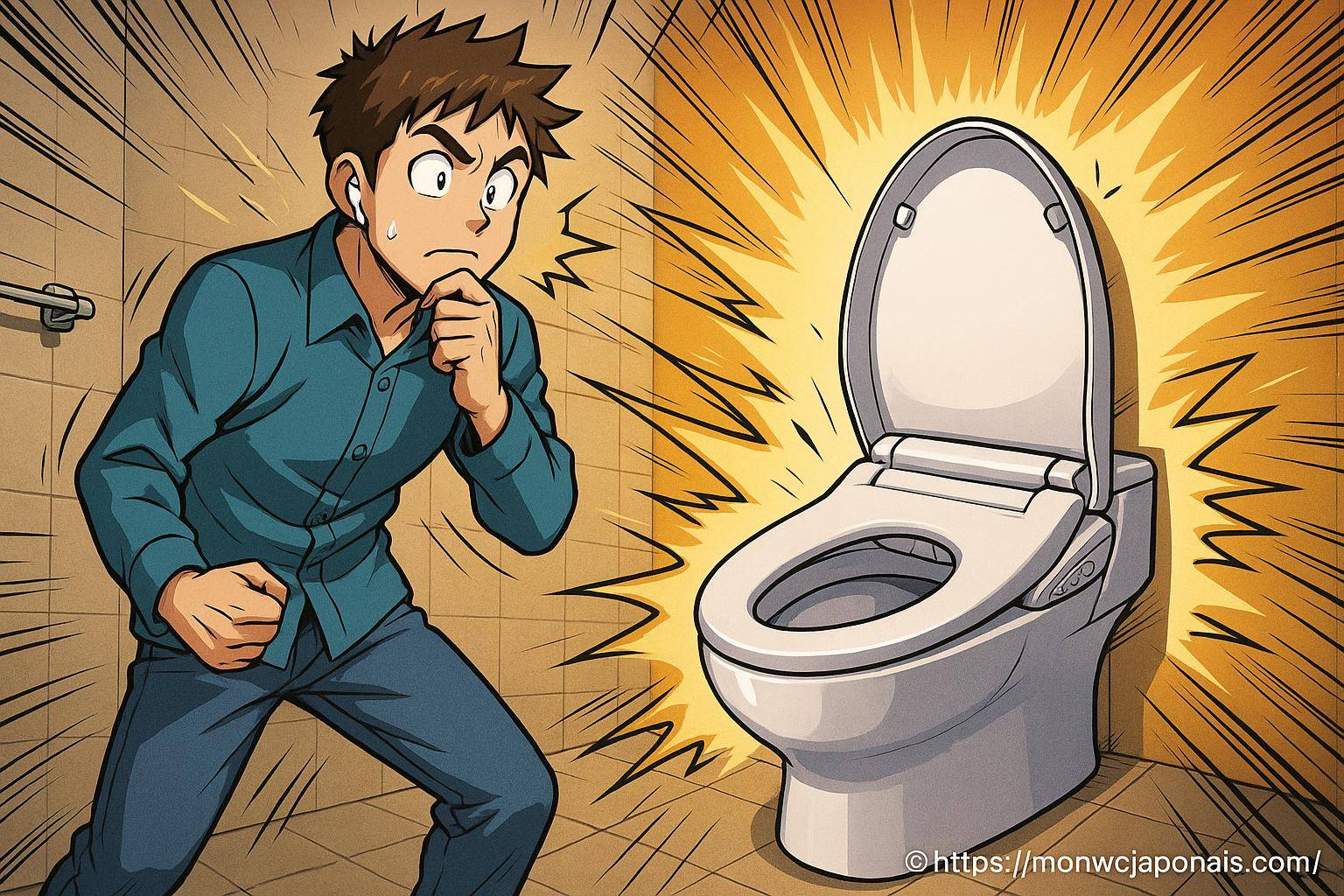 Homme surpris devant un WC japonais lumineux