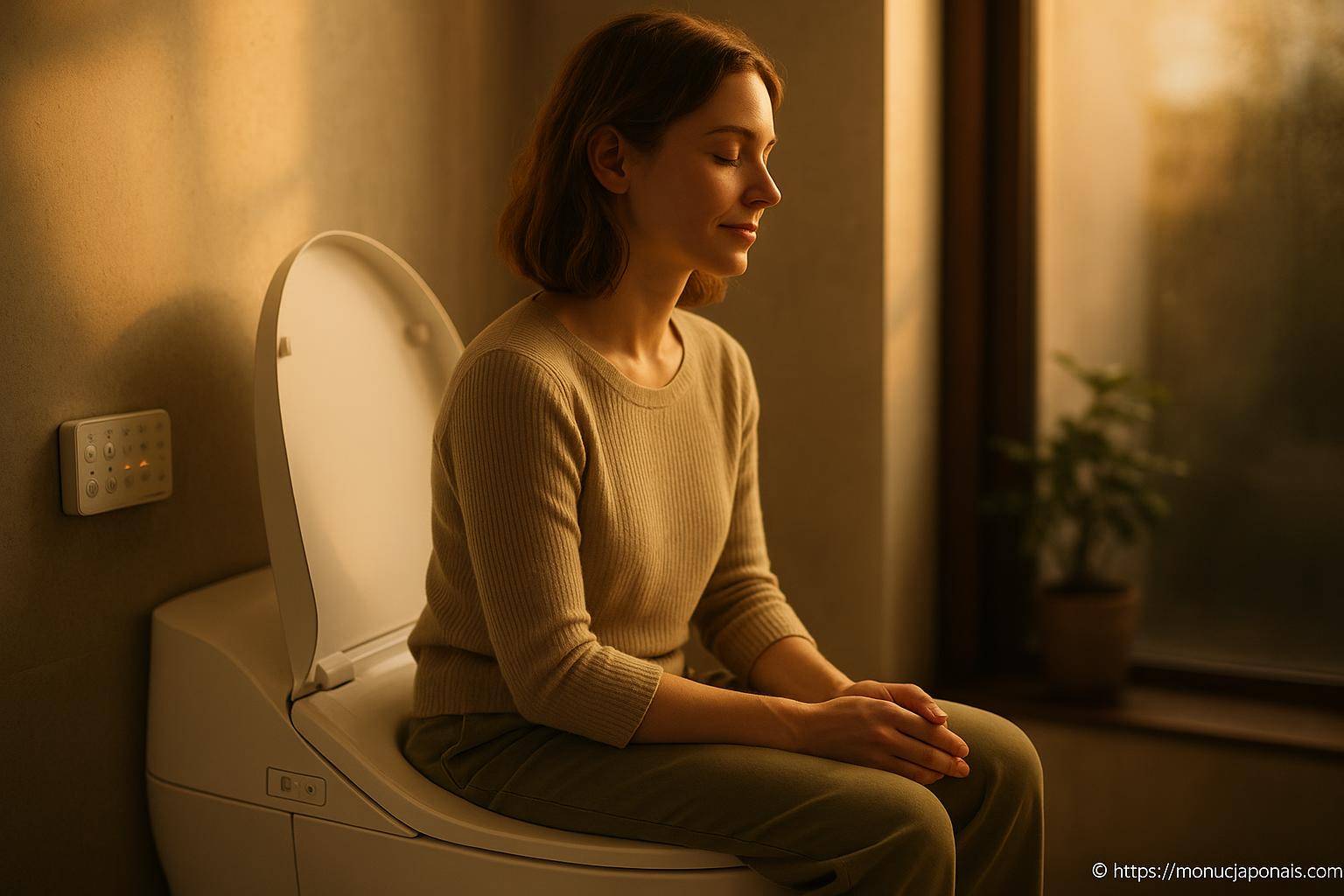 femme assise paisiblement sur toilette moderne