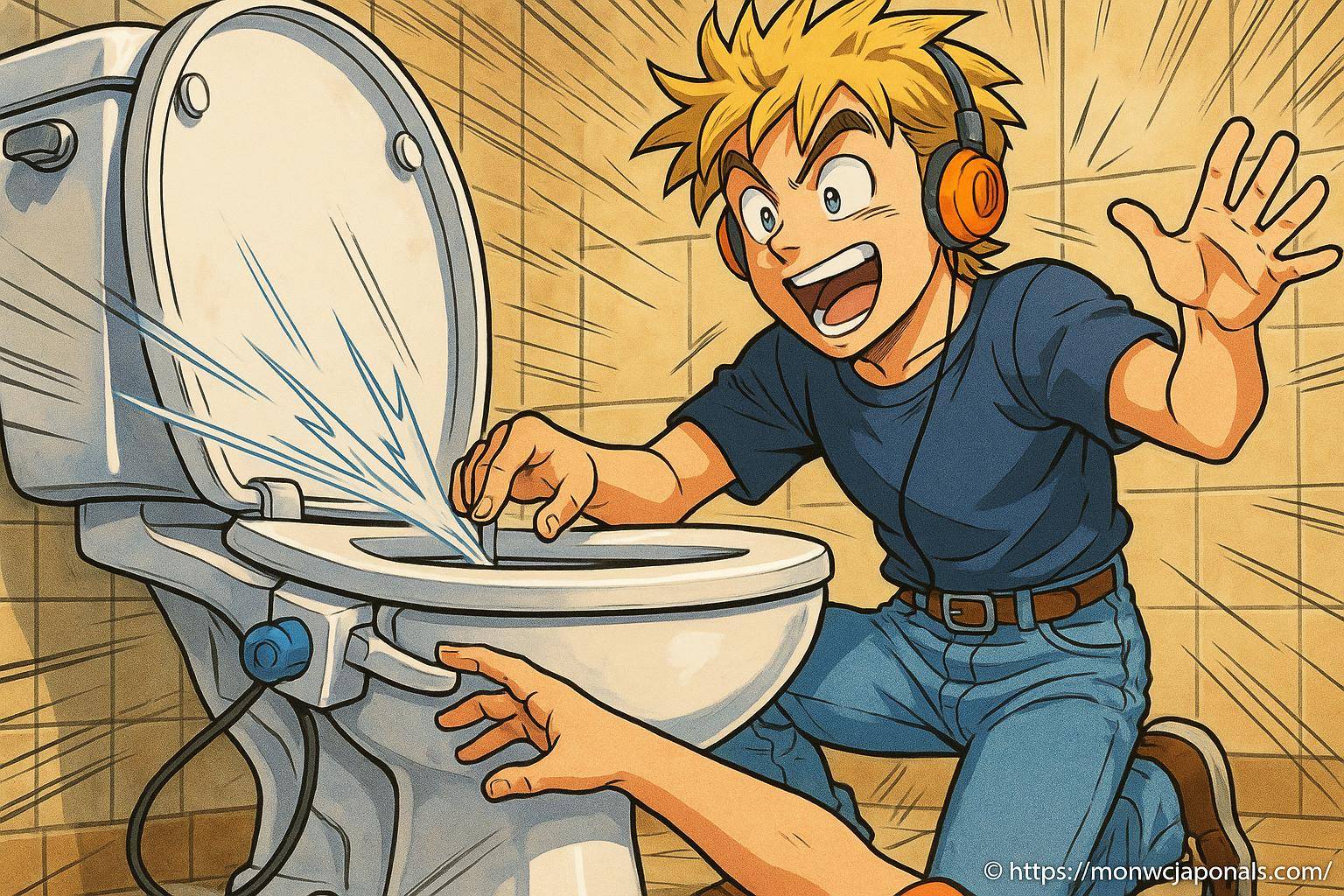 Jeune homme surpris par jet d'eau de toilette