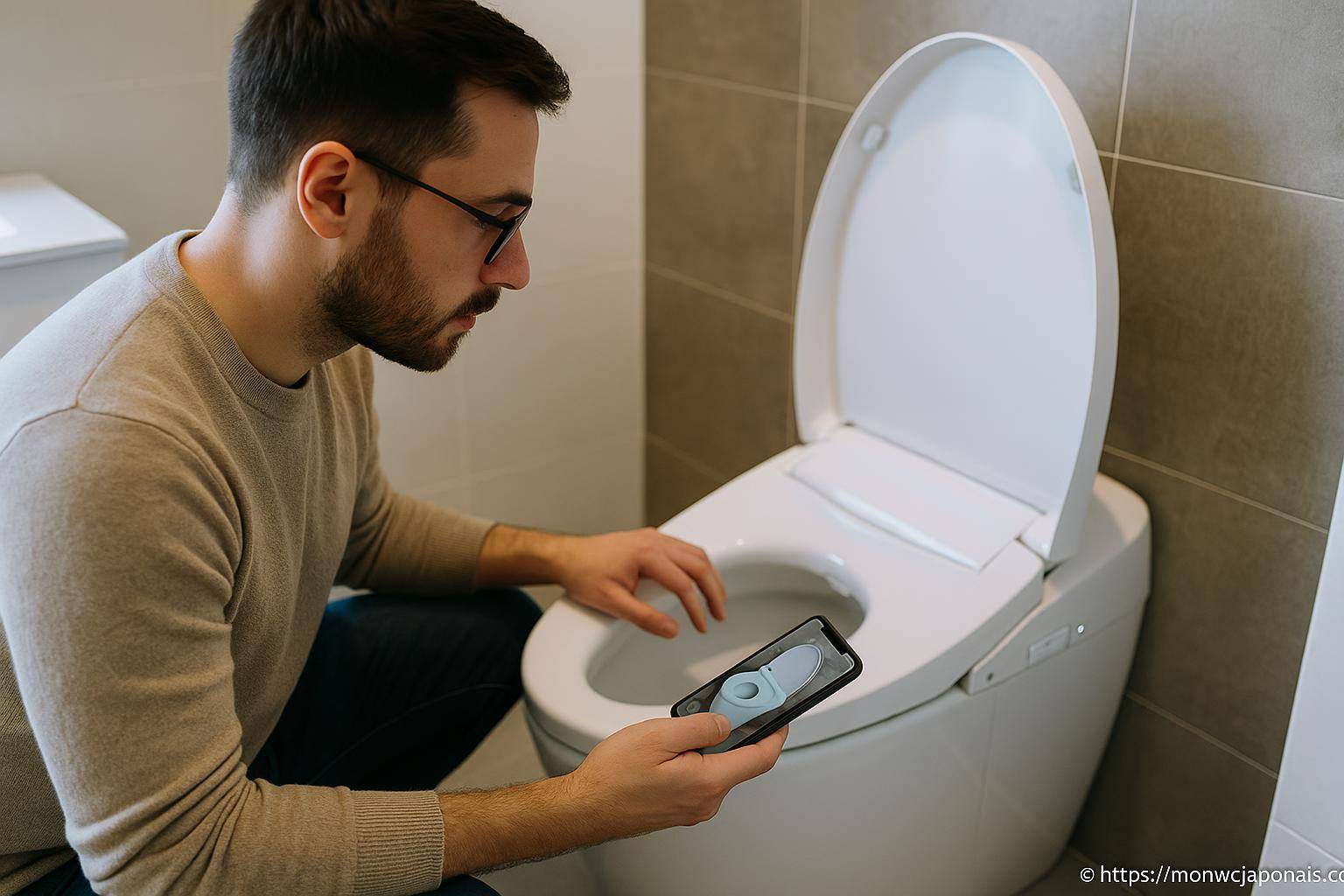 Homme utilisant smartphone devant toilette moderne