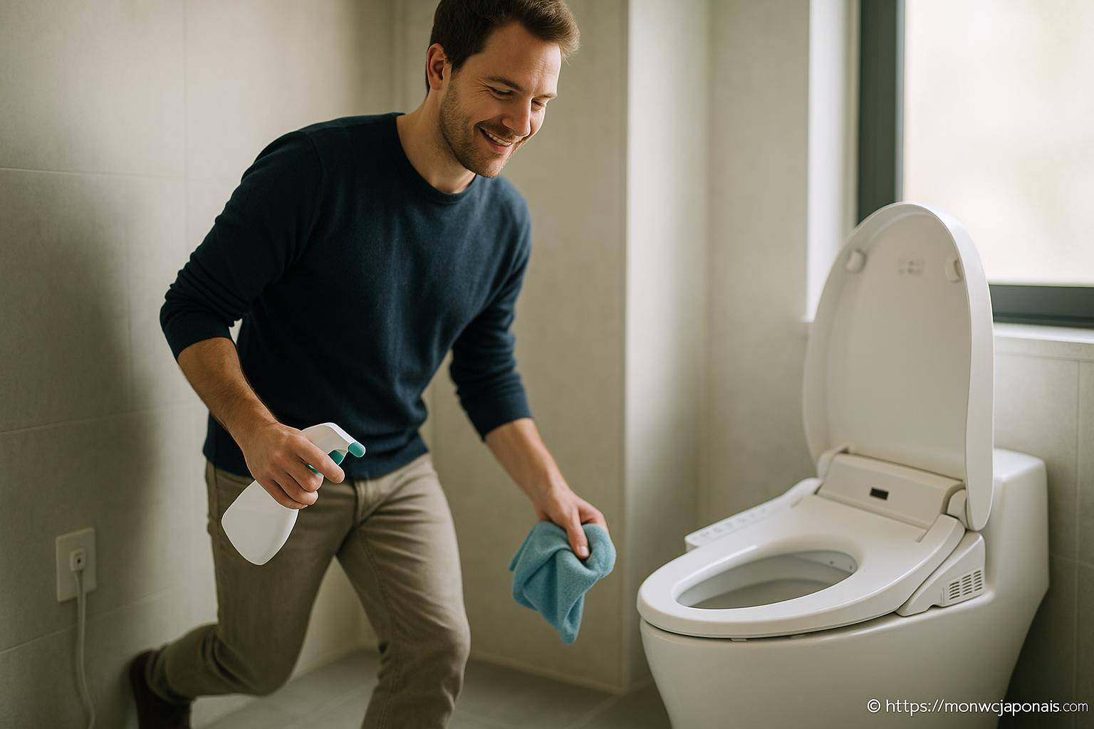 Homme nettoyant un toilette moderne
