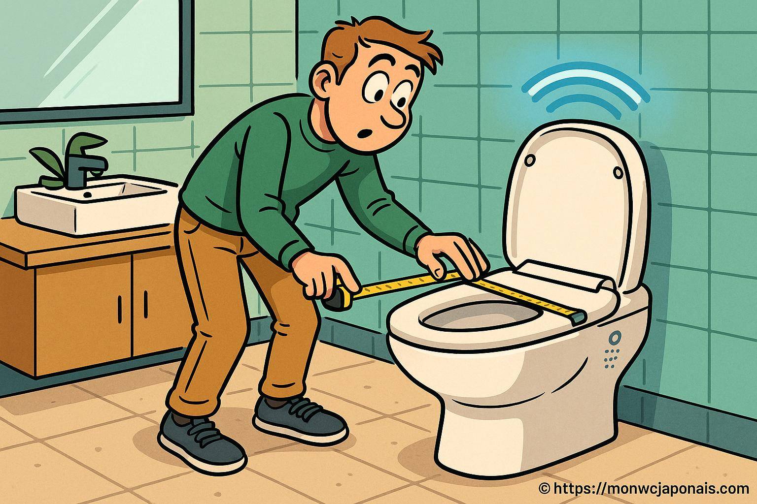 Homme mesurant un WC connecté