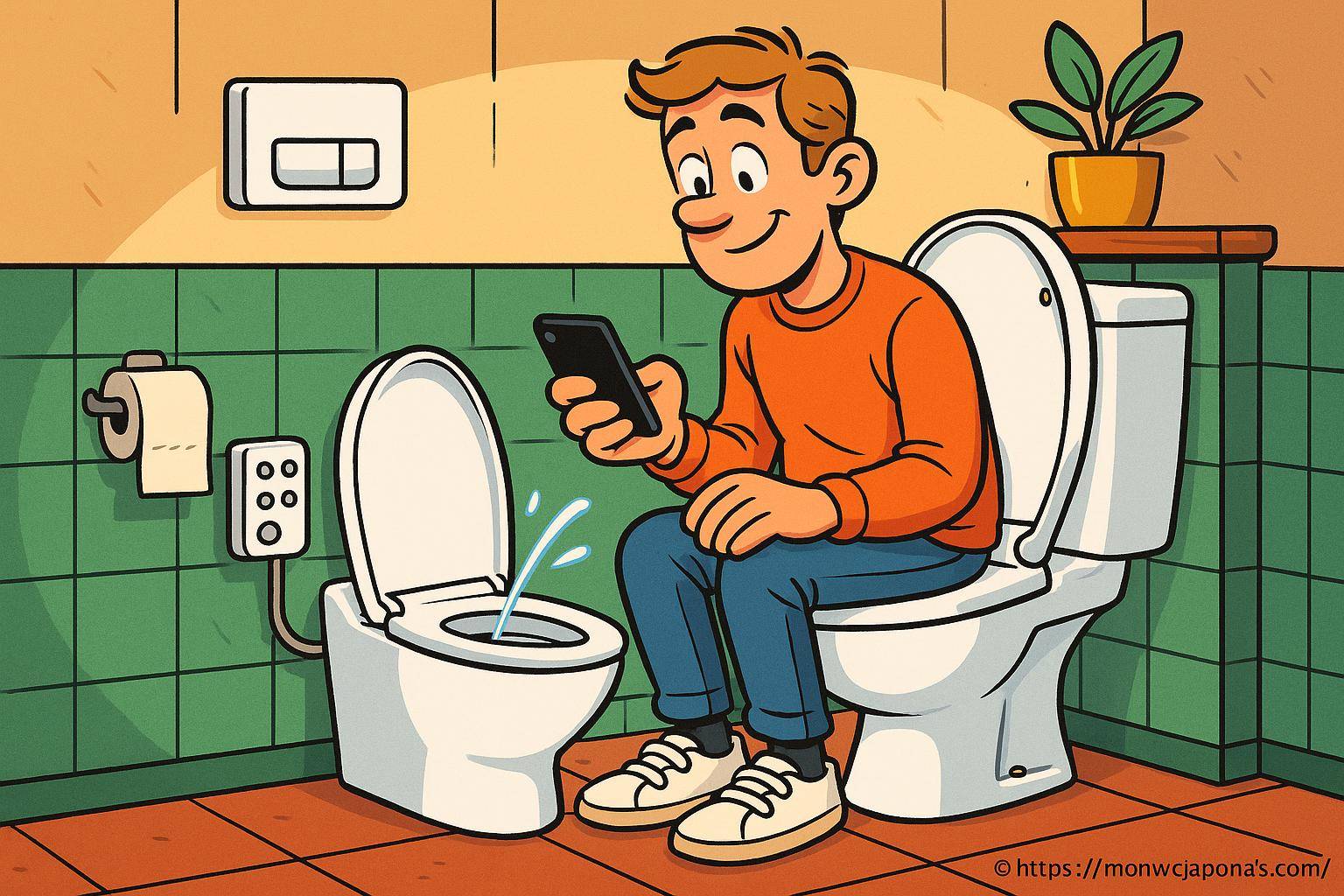 Homme utilisant smartphone aux toilettes modernes