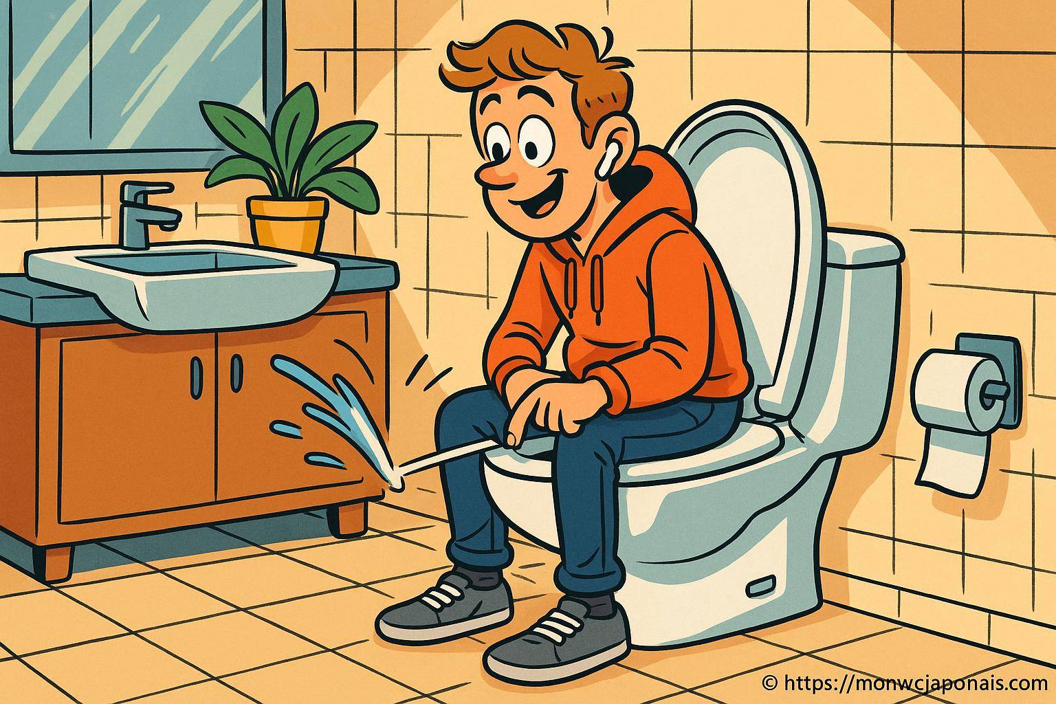 Garçon utilisant un pistolet à eau dans salle de bain