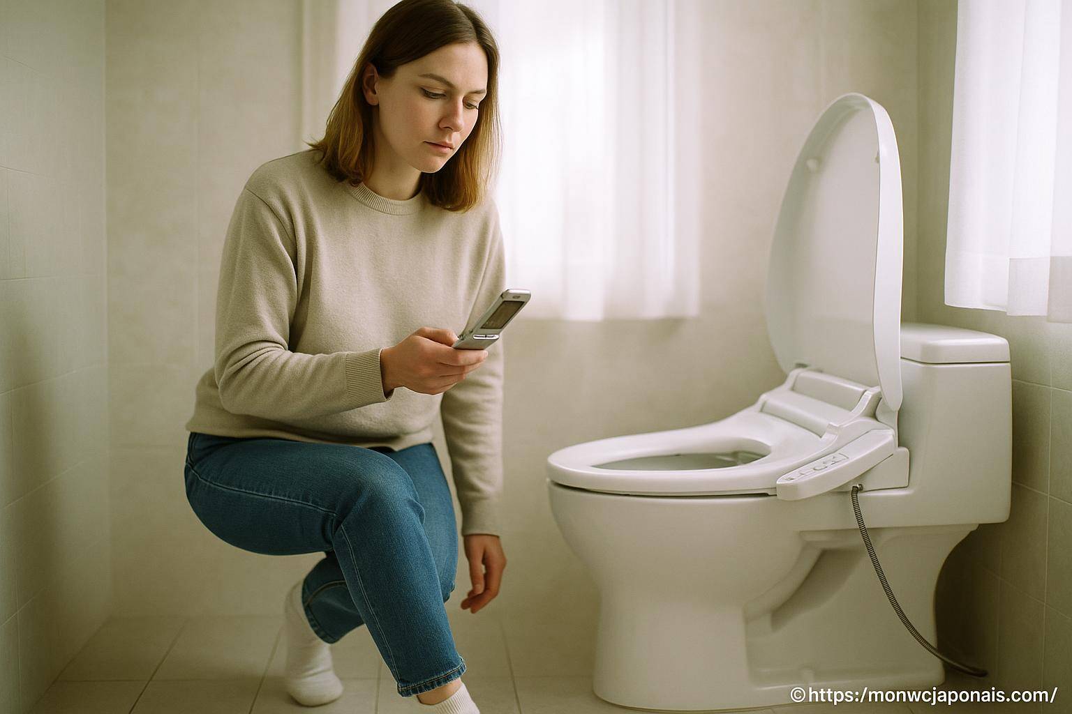 femme utilisant télécommande toilette japonaise