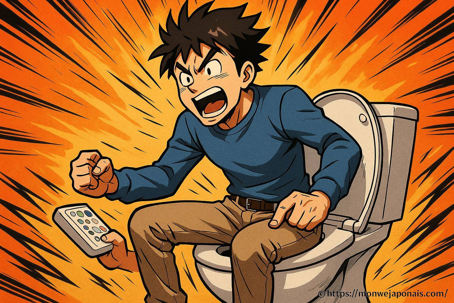 Homme en colère assis sur des toilettes