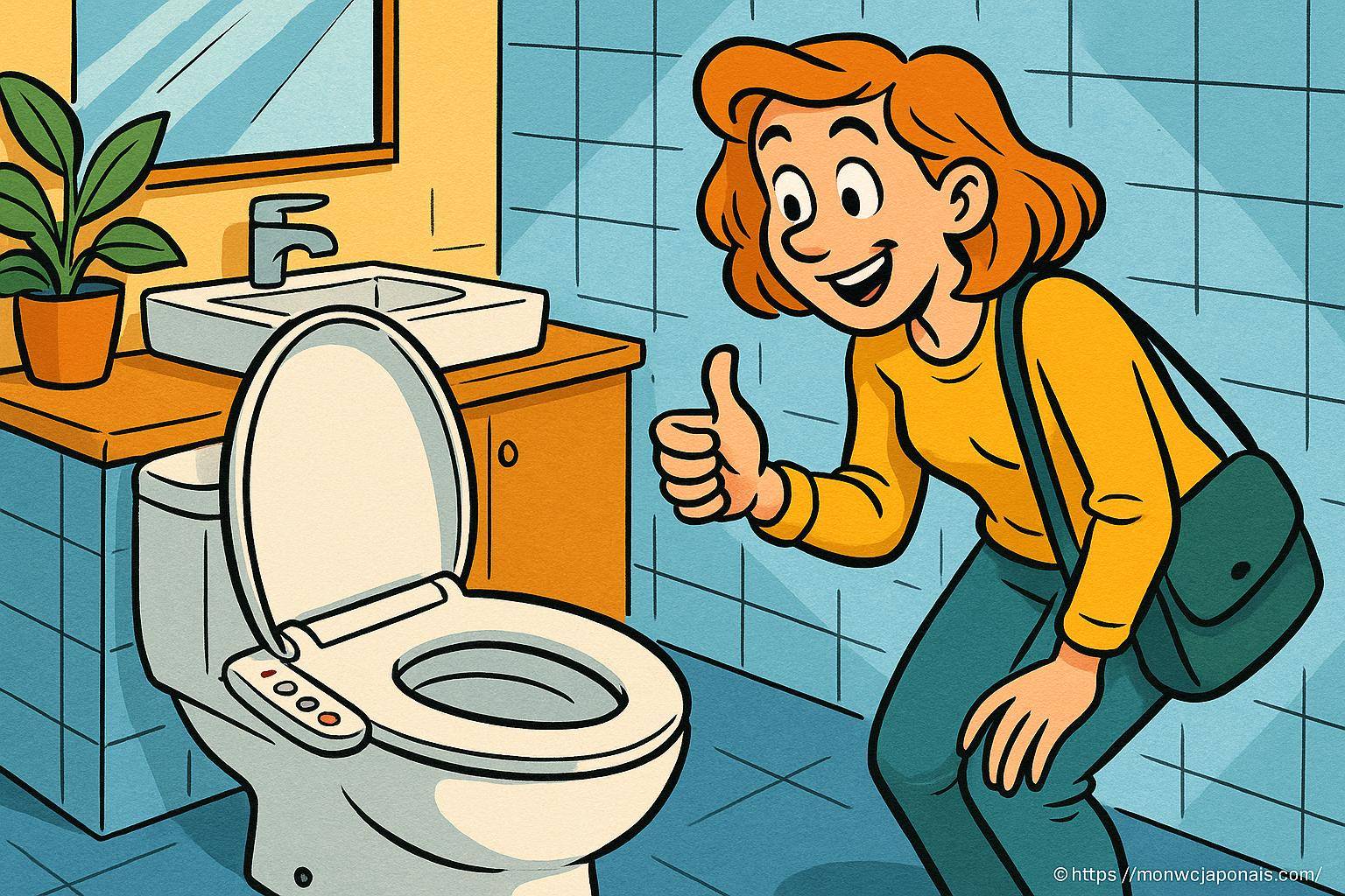 femme souriante donnant pouce levé toilette moderne
