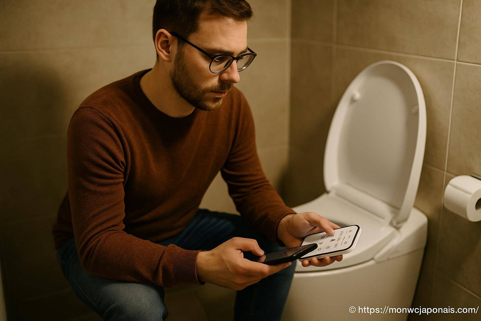 Homme utilisant télécommande toilettes japonaises