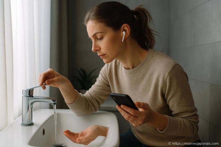 Femme allumant un robinet dans une salle de bain