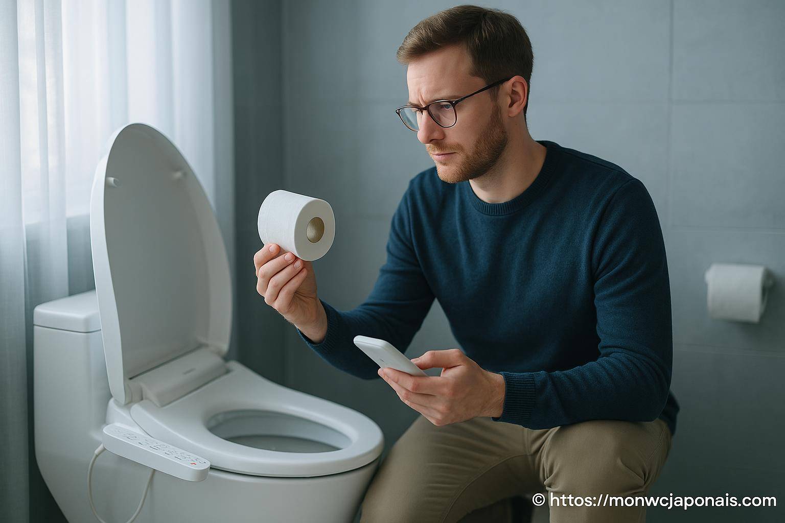 Homme perplexe avec rouleau papier toilette